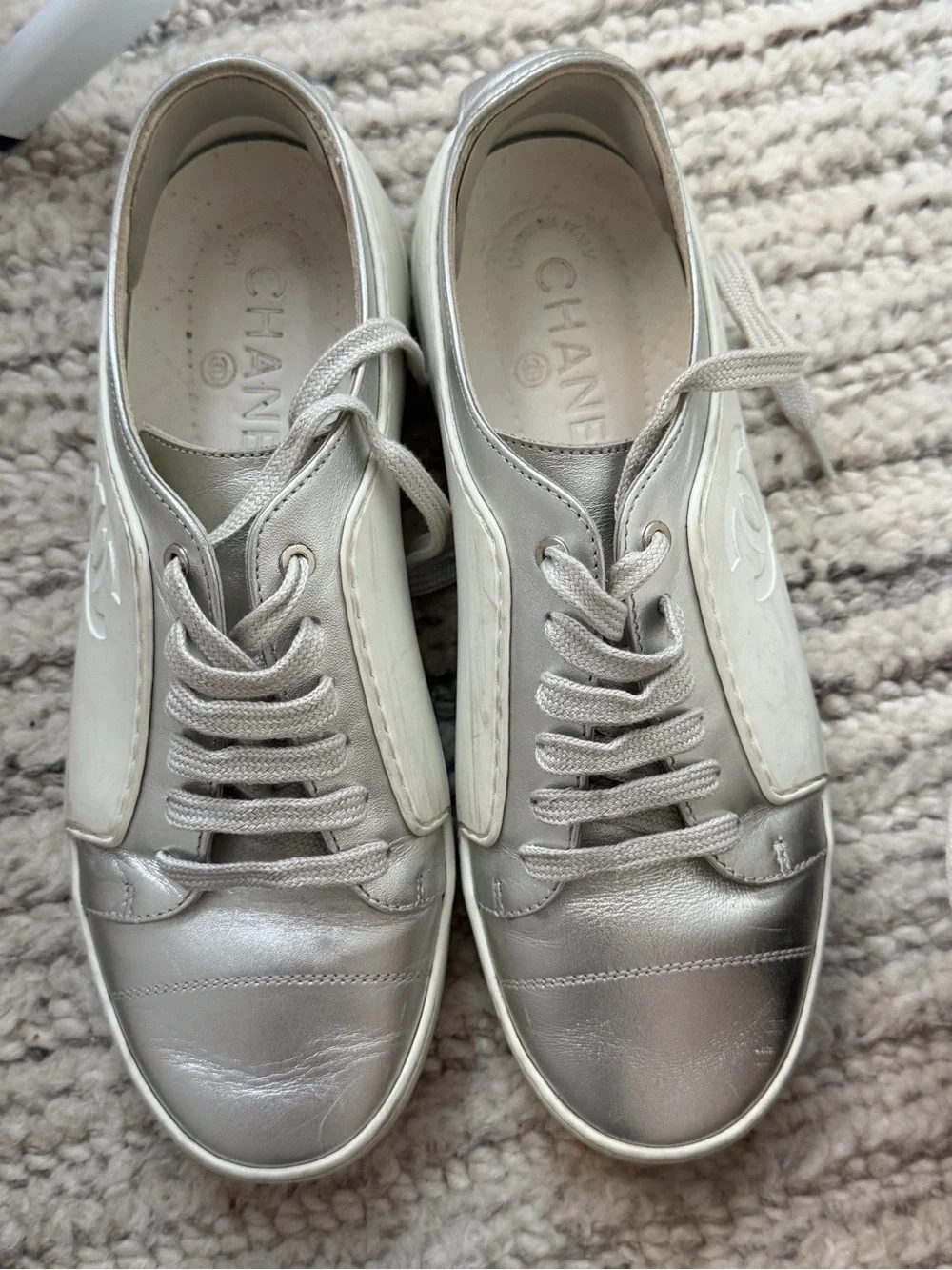 CHANEL Silver and White Leather Low-Top Sneakers